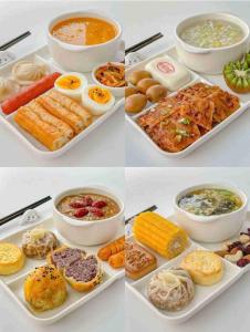 a collage of four pictures of different types of food at East Sacred Hotel-Very close to the Drum Tower,The Lama Temple,Houhai Bar Street,Nanluoguxiang,Tiananmen Square and the Forbidden City, and the subway st ation is also very close in Beijing