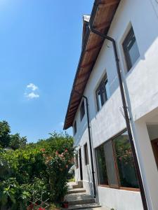 a white house with a street light next to it at Casa Noastră in Călimăneşti