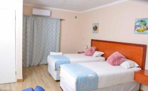 Una habitación de hotel con dos camas con almohadas rosas y azules. en Living Waters Guest House, en Gaborone