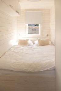a large white bed in a room with a window at Houseboat Daisy in Prague