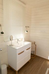 a white bathroom with a sink and a mirror at Houseboat Daisy in Prague