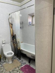 a bathroom with a toilet and a tub and a sink at Four Seasons Guest House in Karakol