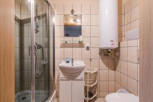 a small bathroom with a sink and a shower at Apartamenty Zefir in Rowy +73 photos