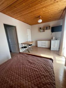 a room with a bed and a table and a kitchen at Relax in Polańczyk