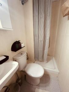 a white bathroom with a toilet and a shower at Alpha apartment 21 in Serres