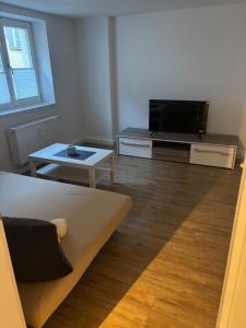a living room with a couch and a tv at 2 Zimmer Ferienwohnung zu vermieten in Memmingen