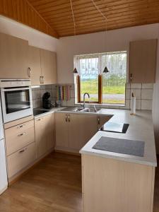a kitchen with a sink and a counter top at Farmhouse on the Golden Circle in Selfoss