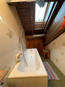 a bath tub in a bathroom with a window at Appartamento Vistabella in Livigno