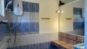 a bathroom with a shower and a mirror at Casa LeValois - Hidden Garden Oasis in Port-Louis in Port Louis