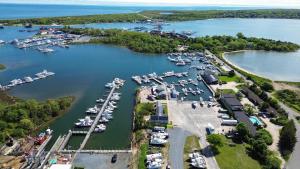 an aerial view of a marina with boats in the water at Dockside 2BR - Prime Location on the Marina Unit B in Montauk