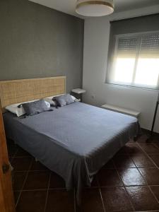 Un dormitorio con una cama grande con una manta azul. en Chalet vacacional, en El Puerto de Santa María