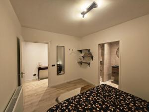 a bedroom with a bed and a mirror and a desk at Gastenverblijf 't Westeind in Norg