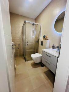 a bathroom with a shower and a toilet and a sink at Apartmani Leon in Međugorje +30 photos