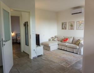 a living room with a couch and a tv at Apartma Lavanda in Kojsko