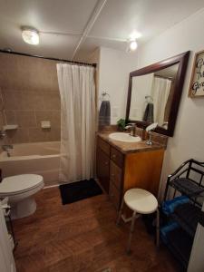 a bathroom with a sink and a tub and a toilet at COUPLES GETTAWAY! LAKE Eufaula private Cottage! BEAUTIFUL VIEWS! Couples, Honeymoon, Family of 3,BOAT PARKING in Abbeville