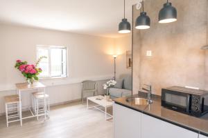 a kitchen with a sink and a microwave at Apartamentos Turísticos El Puerto de Comillas in Comillas