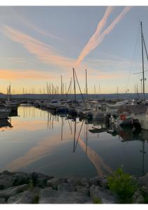 锡耶Les bord du Lac Leman的日落时分停在码头的一组船