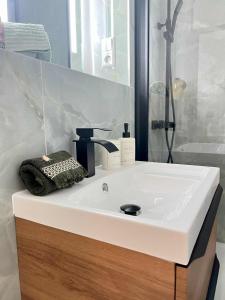 a bathroom with a white sink and a shower at Oasis & Charme au Cœur Ville in Audun-le-Tiche