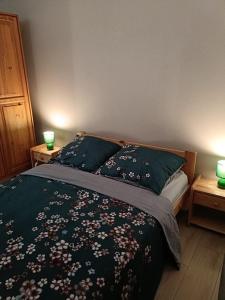 a bed with two green pillows and two lamps at Pokoje, apartamenty Aurelia 1km od Energylandii in Zator