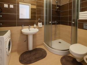 ein Badezimmer mit Dusche, Toilette und Waschbecken in der Unterkunft Dagana in Budva