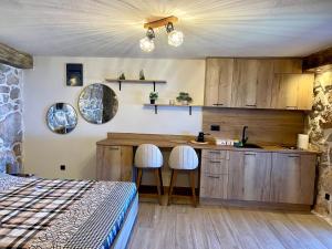 a bedroom with a bed and a kitchen with a counter at Old House Poda in Rap