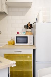 a microwave sitting on a counter next to a refrigerator at Borgo e Lago in Anguillara Sabazia +33 photos