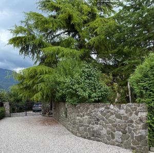 a stone retaining wall with a tree behind it at Apartma Morizna in Kobarid