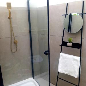 ein Badezimmer mit Dusche mit Spiegel und Waschbecken in der Unterkunft אירוח בגבעה in Giv‘at Shemuʼel