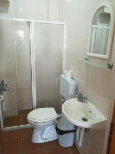 a bathroom with a toilet and a sink and a shower at Sera Palas Pansiyon in Canakkale