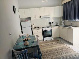 a small kitchen with a table with chairs and a refrigerator at Handra Apartment Seaview in Kos