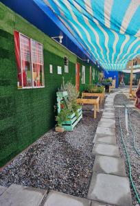 a building with a green wall with a blue ceiling at El valle in Copiapó