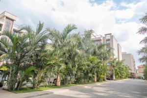 a row of palm trees in front of a building at Modern Airport Studio apartment 5 mins to JKIA &SGR,Fast Wi-Fi,Ideal for layovers and longstays in Nairobi