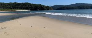 a sandy beach with water and trees in the background at Casa natureza in Paraty