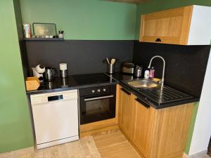a small kitchen with a sink and a stove at Gîte de la Racine, A l'Orée du bois in Raon-aux-Bois