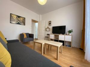 a living room with a couch and a television at T3 Spacieux et calme in Vichy