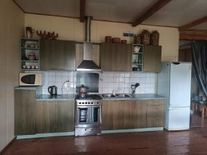 a kitchen with a stove and a refrigerator at Ülenurme turismitalu in Missoküla