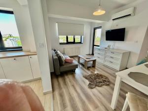 a living room with a couch and a television at Iulius Mall New Residence in Iaşi