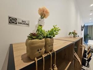 two baskets with plants on a counter with a no smoking sign at ApartHotel Rahl in Hamburg