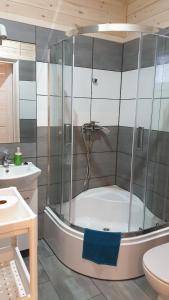 a bathroom with a shower and a tub and a sink at Błękitna Laguna 600m od morza in Rusinowo +35 photos