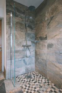 ブラントンにあるLittle Comfort Farmのガラスドア付きのシャワー付きのバスルーム
