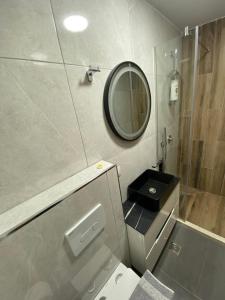 W łazience znajduje się lustro, toaleta i umywalka. w obiekcie Gegest Hotel w mieście Theth