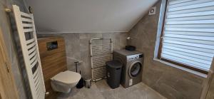 een kleine badkamer met een toilet en een wasmachine bij Apartament u Krupy in Murzasichle +27 foto's