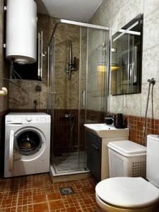 a bathroom with a shower and a washing machine at Apartmani Milja in Bajina Bašta