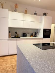 a kitchen with white cabinets and a counter top at Boho Loft Apartment am Ziegeltor in Amberg
