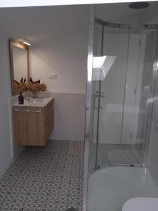 Un baño con ducha, lavabo y espejo. en Amaral Recuncho, en Boiro