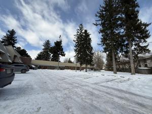 a snow covered parking lot with trees and a building at Idlewood Inn in Toronto