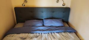 a bed with two blue pillows in a bedroom at Liepaja Beach in Liepāja