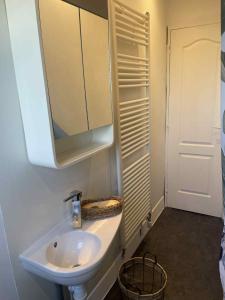 ein Badezimmer mit einem weißen Waschbecken und einem Spiegel in der Unterkunft L'écorce marine in Sangatte