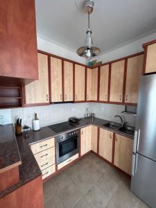 a kitchen with wooden cabinets and a stainless steel refrigerator at The Big Blue in Gythio