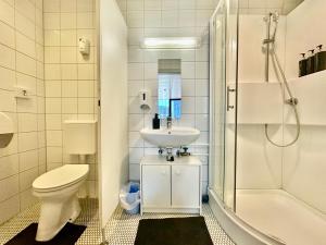 a bathroom with a toilet and a sink and a shower at Kobra Apartment für Gruppen perfekt geeignet in Spielberg +19 photos